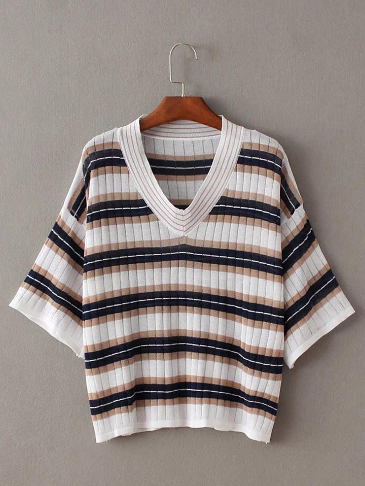 Romwe Black And White V Neck Stripe T-shirt