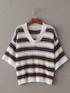 Romwe Black And White V Neck Stripe T-shirt