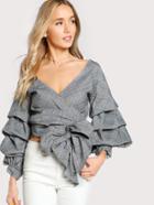 Romwe Gathered Sleeve Tie Waist Checked Wrap Top