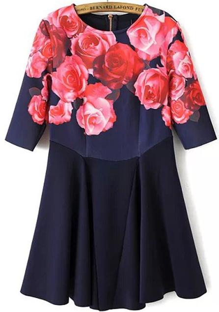 Romwe Floral Print Half Sleeve Flouncing Dress