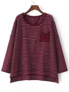 Romwe Dip Hem Striped Dropped Shoulder Seam Burgundy T-shirt