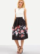 Romwe Flower Print Box Pleated Midi Skirt - Black