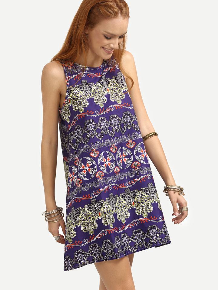 Romwe Blue Vintage Pattern Print Tank Dress
