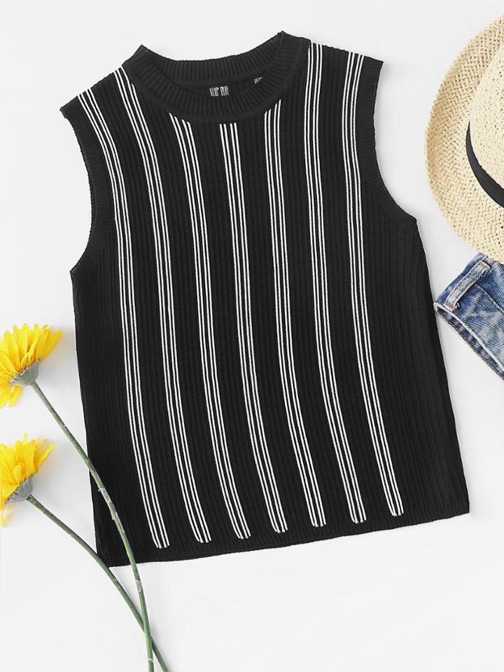 Romwe Ribbed Neck Striped Knit Top