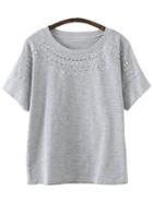 Romwe Grey Short Sleeve Round Neck Rivets T-shirt