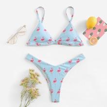 Romwe Flamingo Print Triangle Top With High Leg Bikini
