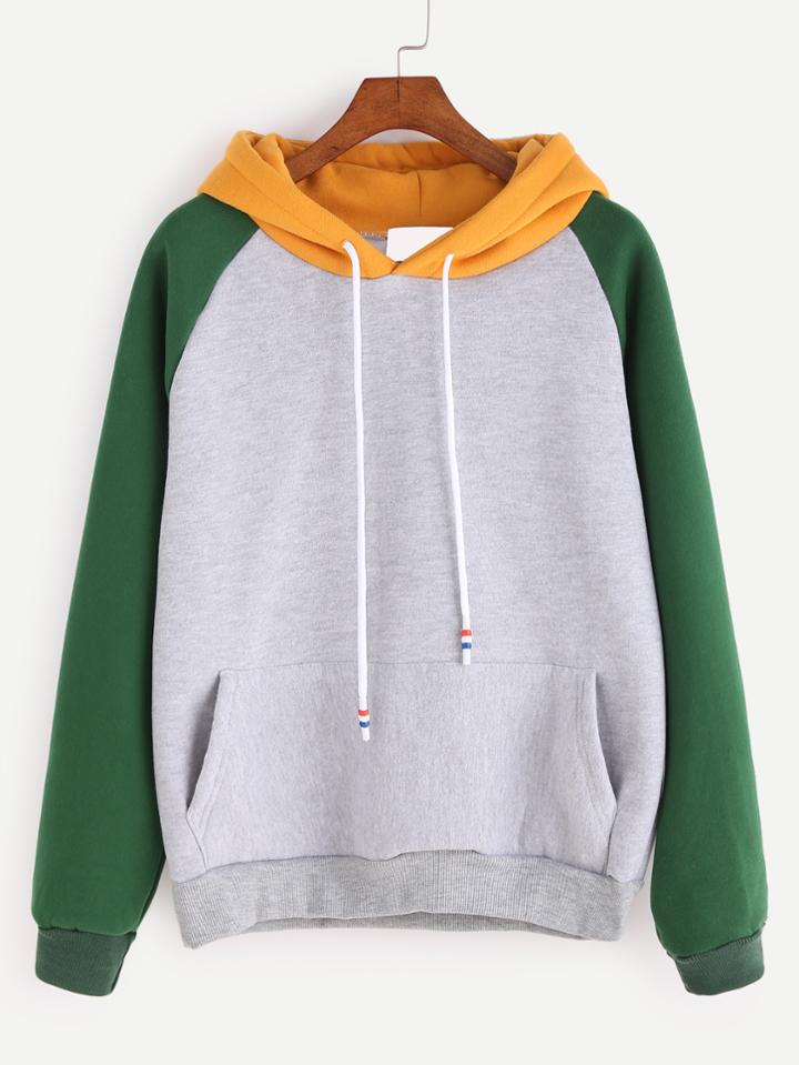 Romwe Contrast Raglan Sleeve Drawstring Hooded Sweatshirt With Pocket