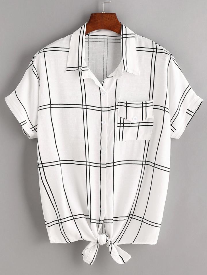 Romwe White Plaid Tie Front Shirt With Pocket
