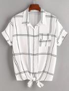 Romwe White Plaid Tie Front Shirt With Pocket