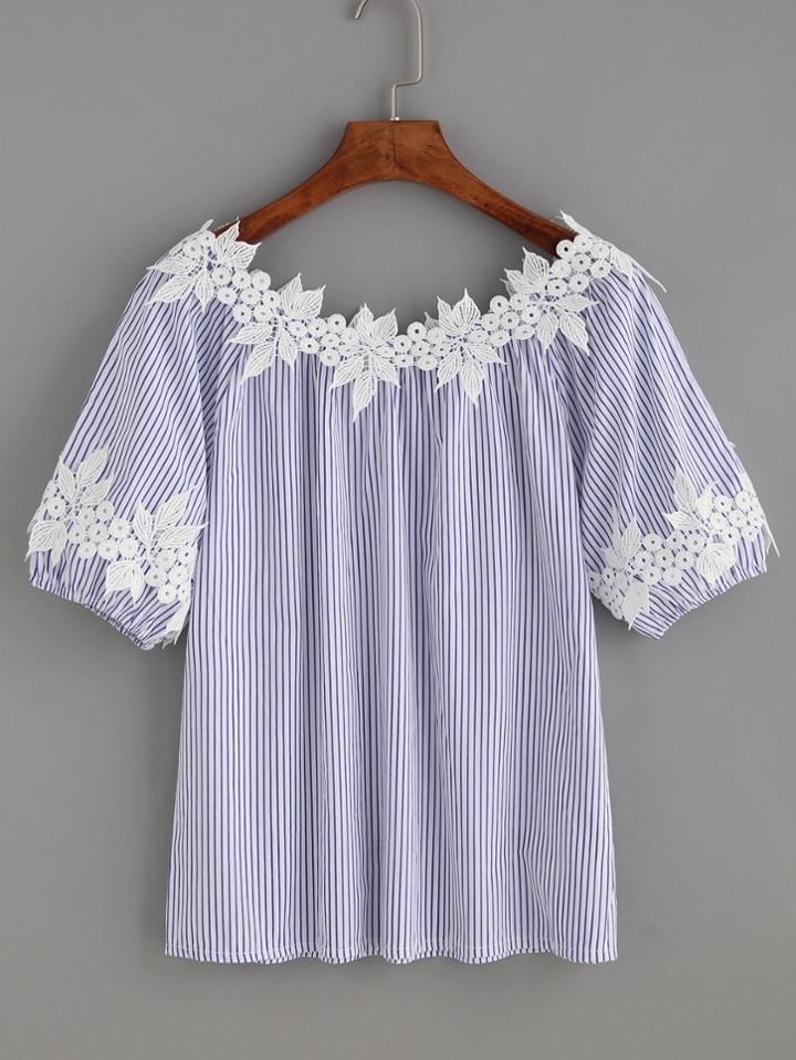 Romwe Blue Vertical Stripe Crochet Applique Blouse