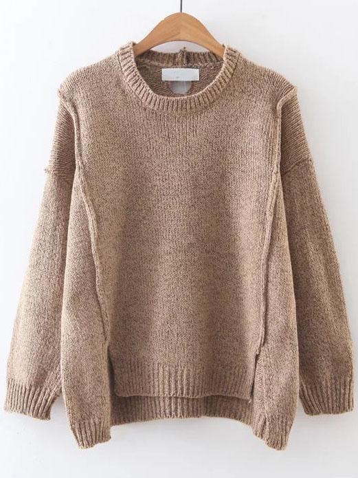 Romwe Khaki Ribbed Trim Dip Hem Sweater
