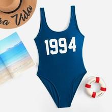 Romwe Low Back Letter Print Low Back One Piece Swimwear
