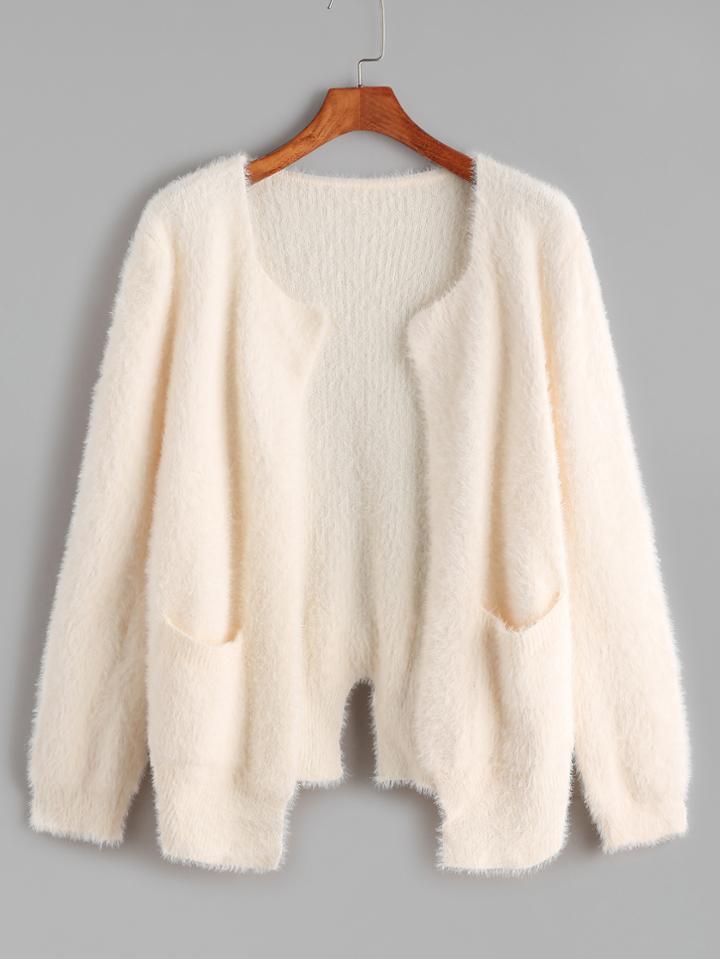 Romwe Beige Pockets Front Bow Back Slit Cardigan
