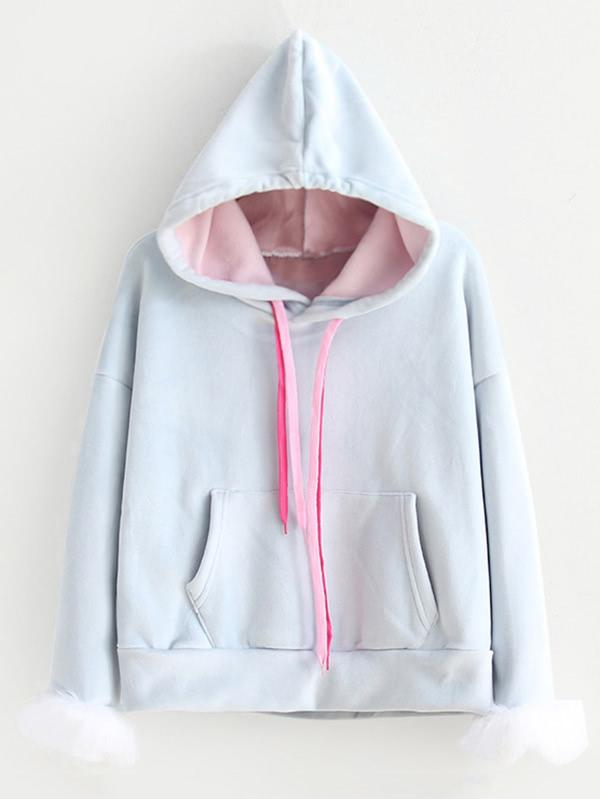 Romwe Faux Fur Cuff Kangaroo Pocket Hoodie