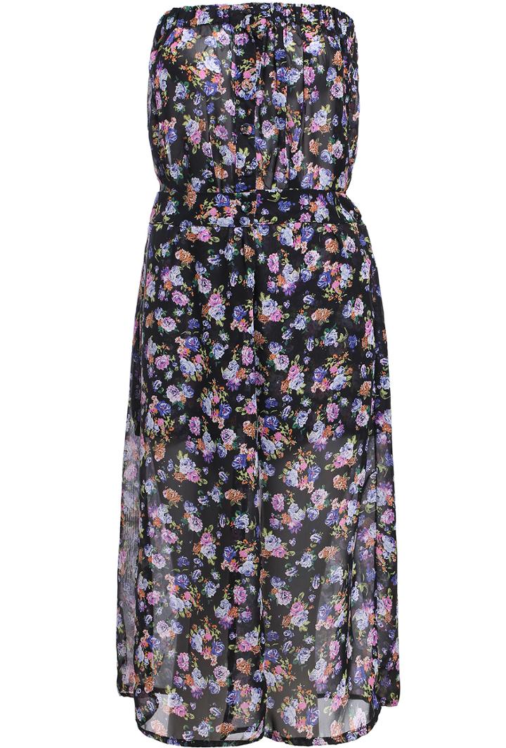 Romwe Strapless Floral Print Split Dress