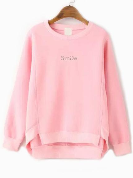 Romwe Dip Hem Letter Embroidered Pink Sweatshirt