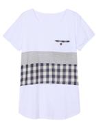 Romwe Check Print Striped Pocket T-shirt