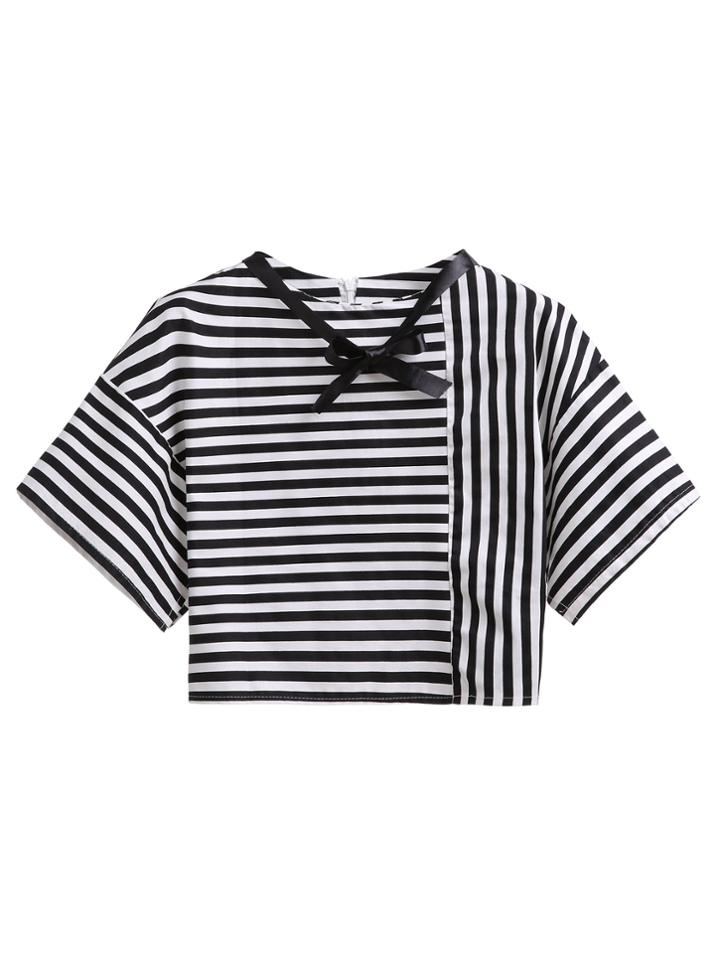 Romwe Black White Striped Tie Neck Crop Top