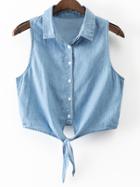 Romwe Blue Sleeveless Buttons Front Self-tie Bow Denim Blouse