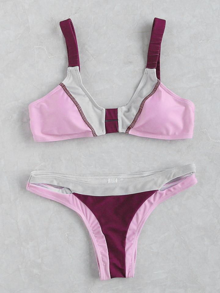 Romwe Pink Color Block Cutout Detail Bikini Set