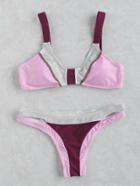 Romwe Pink Color Block Cutout Detail Bikini Set