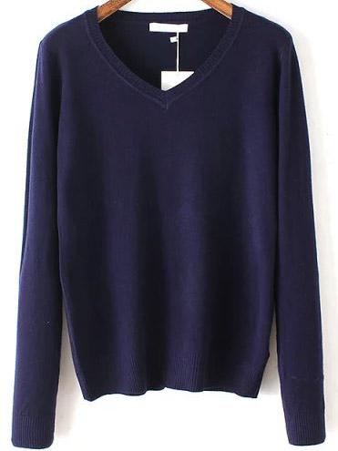 Romwe V Neck Slim Navy Sweater