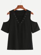 Romwe Black Lace Up Open Shoulder T-shirt