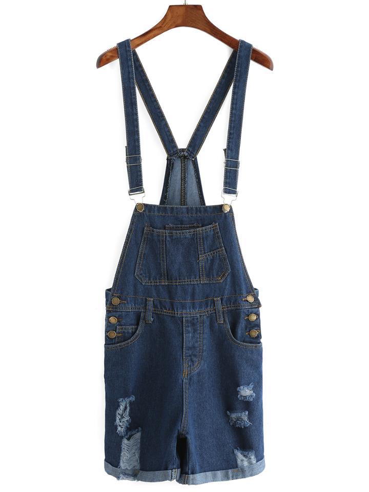 Romwe Straps Ripped Cuffed Denim Romper