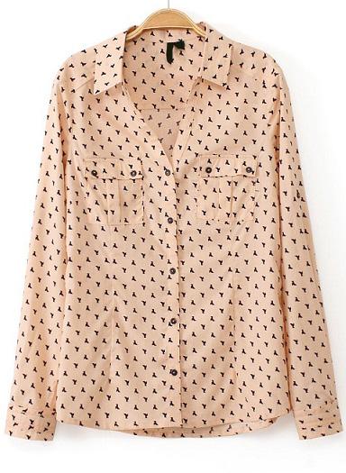 Romwe Lapel Pockets Geometric Print Blouse
