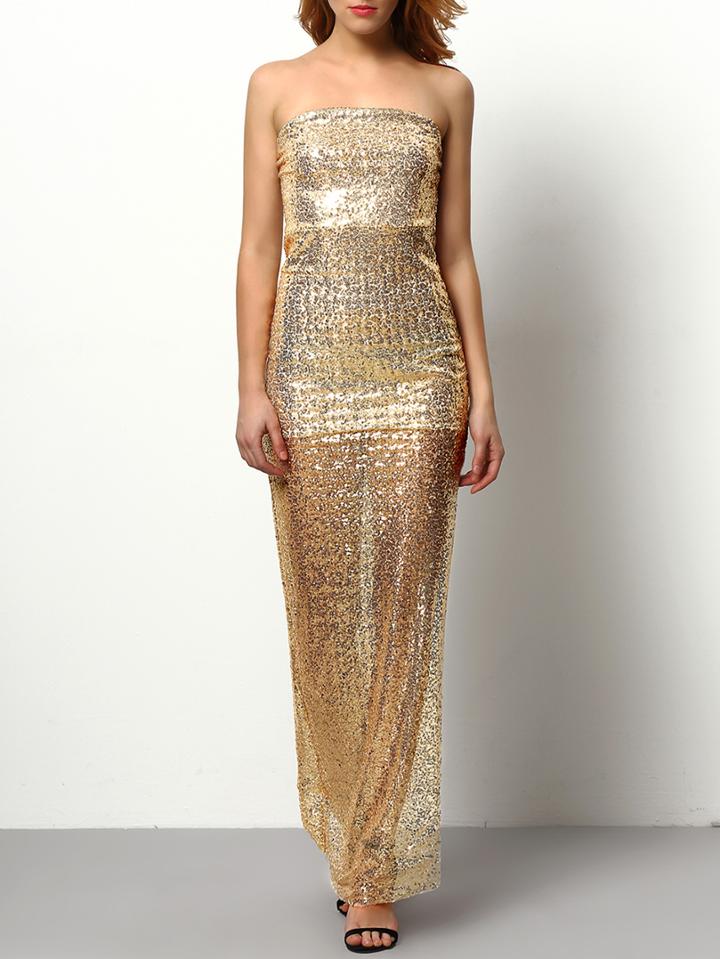 Romwe Strapless Split Sequined Tube Dress