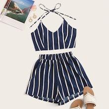 Romwe Knot Back Stripe Halter Top & Shorts