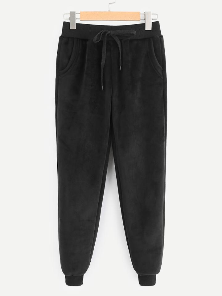 Romwe Drawstring Waist Faux Fur Lined Pants