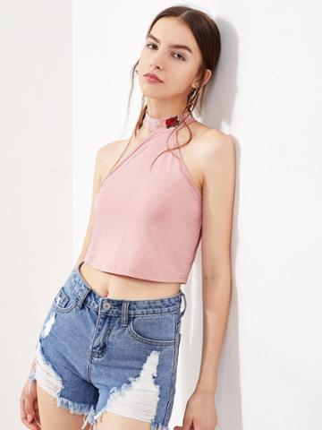 Romwe Rose Print Buttoned Halter Top
