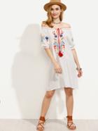 Romwe Embroidery White Off The Shoulder Ruffle Dress With Tassel Tie