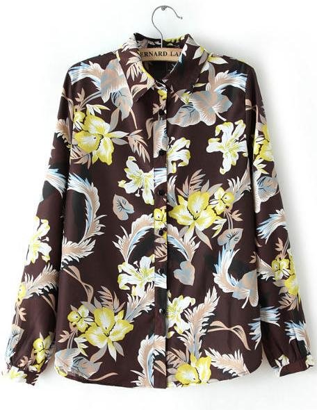 Romwe Coffee Long Sleeve Floral Print Blouse