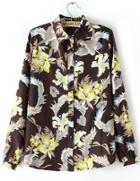 Romwe Coffee Long Sleeve Floral Print Blouse