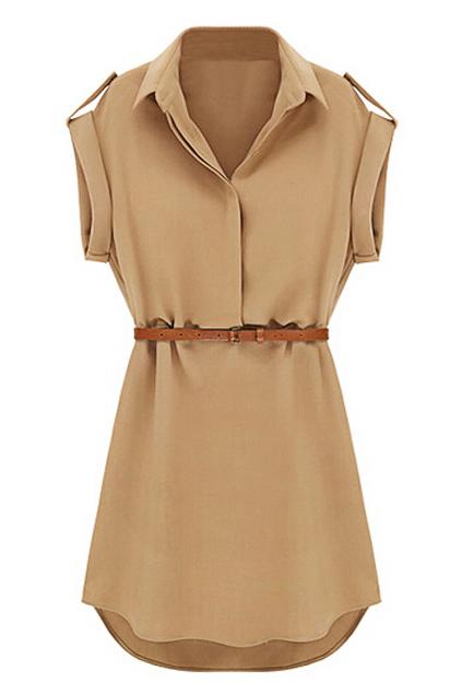 Romwe Shoulder Board Belted Loose Khaki Dress