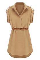 Romwe Shoulder Board Belted Loose Khaki Dress