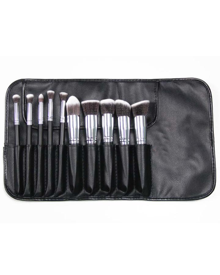 Romwe 10pcs Professional Makeup Set Brushes Tools Silver Black With Bag