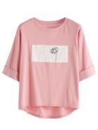 Romwe Rolled Sleeve Daisy Print High Low T-shirt