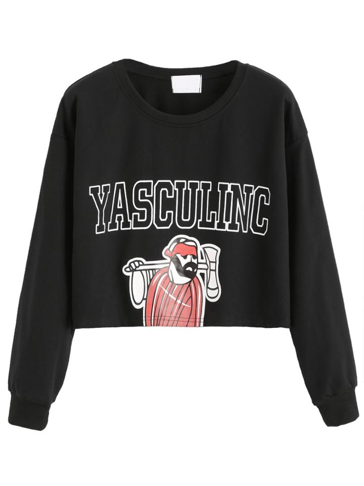 Romwe Black Cartoon Print Crop Sweatshirt