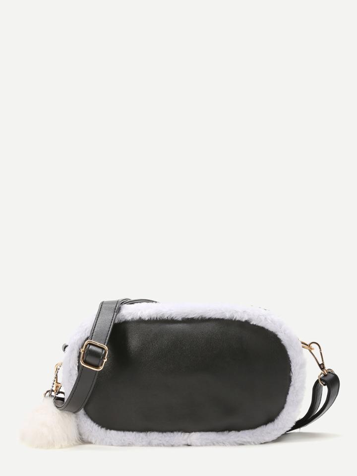 Romwe Black Faux Fur Trim Pom Pom Charm Bag