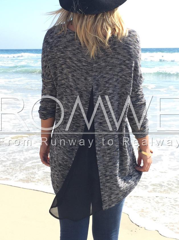 Romwe Grey Long Sleeve Split Back Sweater