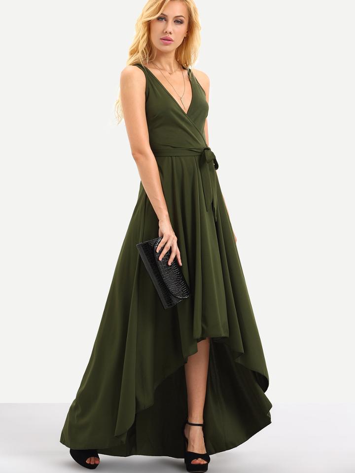 Romwe Self-tie Surplice Front High-low Dress - Olive Green