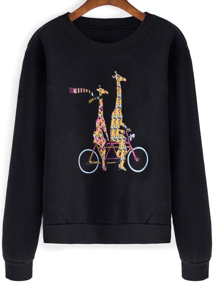 Romwe Black Round Neck Giraffe Print Sweatshirt
