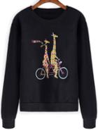 Romwe Black Round Neck Giraffe Print Sweatshirt