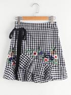 Romwe Self Tie Embroidered Asymmetric Ruffle Checkered Skirt