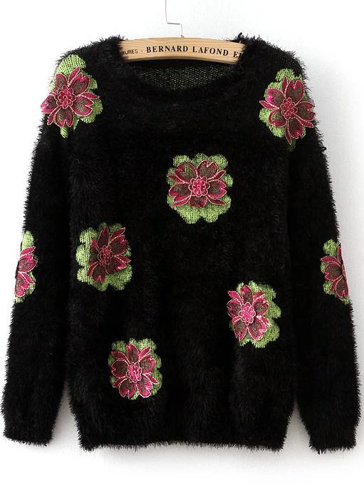 Romwe Embroidered Mohair Loose Black Sweater