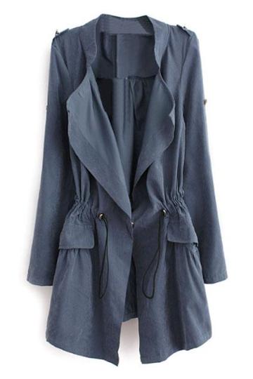 Romwe Lapel Self-tied Pocketed Blue Trench Coat