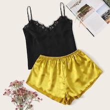 Romwe Lace Trim Cami & Satin Shorts Pj Set